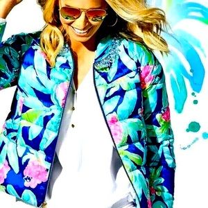 NWT Lilly Pulitzer RARE Embellished Puffer Jacket Ikat Blue Island Exotic NICE!!